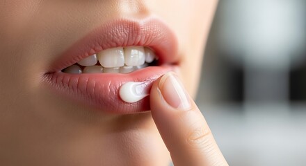 Closeup of a woman applying lip balm to her lips, focusing on skincare and treatment for dry or chapped lips, emphasizing beauty and selfcare