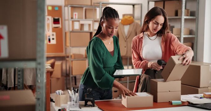 Ecommerce boxes, fashion designer or people with tablet for scan online order, barcode or customer info. Women, digital tech or stamp package in retail store for shipping, logistics or small business