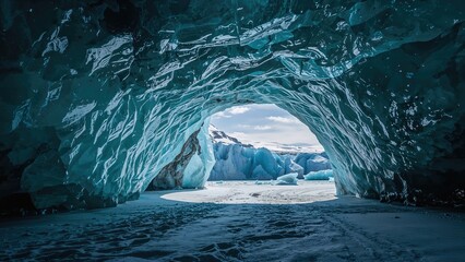 Ice cave with inside view of ice formations and Arctic landscape, 1955