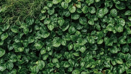 Dense green leaves and foliage with a vibrant, lush appearance, forming a natural pattern.