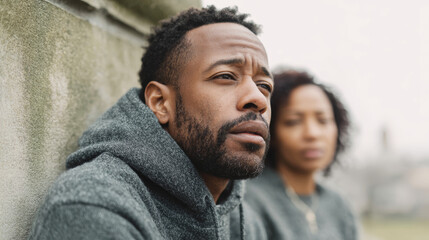 African American man expressing serious thought and uncertainty, his emotional state reflecting challenges, with a woman present in the background