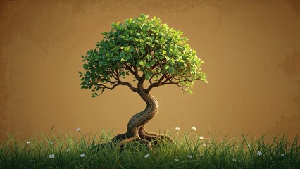 A small tree with lush green leaves and a twisted trunk on a grassy field with a plain background.
