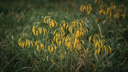 Cluster of yellow-leaved plants growing amidst grass in a natural setting.