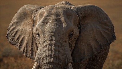 Elephant head close-up with large ears and trunk, showing details of skin and facial features. Wildlife and animal photography, nature and conservation themes.