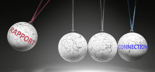 Rapport and Connection - cause and effect relationship. A Newton cradle metaphor showing how rapport results in connection. It initiates connection. ,3d illustration