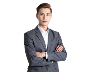 Confident Businessman in Gray Suit Standing with Arms Crossed