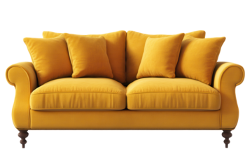 Bright yellow loveseat sofa with plush cushions is featured, creating a cheerful focal point in a modern living room or lounge setting