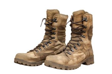 Open combat boots positioned on a transparent background showcasing their rugged design and durable materials suitable for outdoor activities and tactical use