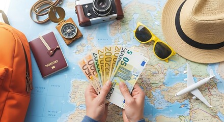 Overhead shot of travel essentials and euro banknotes arranged on a world map, suggesting travel planning and financial preparation for a trip