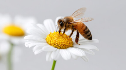 Honey bee gathering pollen from a white daisy, illustrating plant pollination and ecological biodiversity