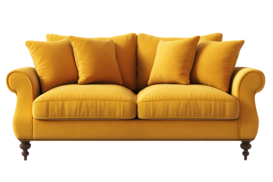 Bright yellow loveseat sofa with plush cushions is featured, creating a cheerful focal point in a modern living room or lounge setting