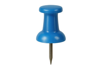 Blue plastic pushpin with metal sharp point for office stationery, pinning notes, and marking locations on transparent background