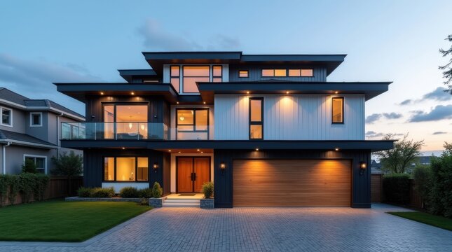 Modern luxury home exterior at dusk with warm interior lights