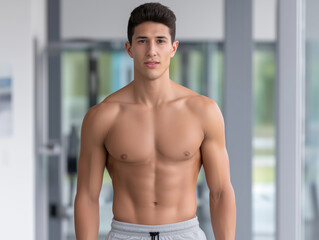 Obraz premium Athletic young man with toned physique stands confidently in modern gym environment, showcasing fitness lifestyle and dedication to health and wellness