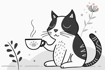 Minimalist Cat Enjoys Hot Beverage in Serene Botanical Illustration