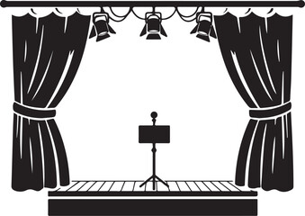 Empty stage illustration with curtains, lighting, and music stan