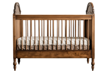 Crib designed with classic wood finish featuring elegant details and a soft mattress, perfect for a cozy nursery setup suitable for infants