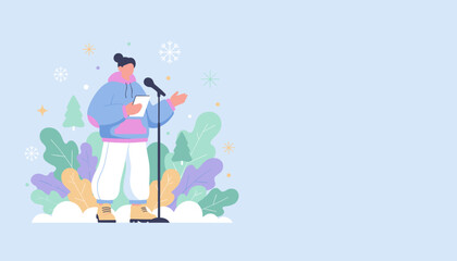 Person presenting outdoors in winter setting using a microphone Public speaking and event illustration