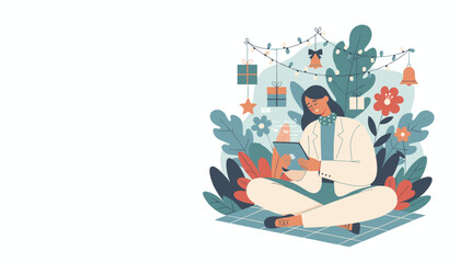 Professional woman using tablet amidst holiday plants and decorations Remote work concept