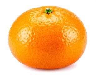A bright orange clementine with textured skin and a small stem, isolated on white