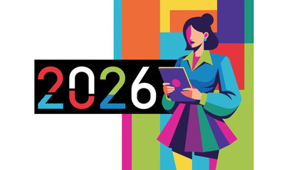 Woman using tablet next to 2026 Colorful futuristic business planning illustration