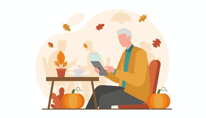 Senior man uses tablet in a cozy cafe setting decorated for autumn enjoying coffee break