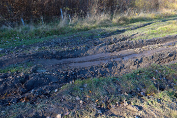 Fototapeta premium A neglected dirt road with deep ruts filled with mud runs through a patch of dry grass and bushes, highlighting the off-road conditions and the rural landscape. 