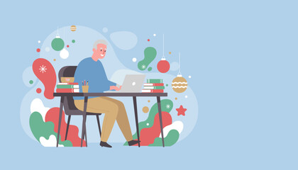 Senior man works on laptop at a desk decorated for Christmas illustrating holiday productivity