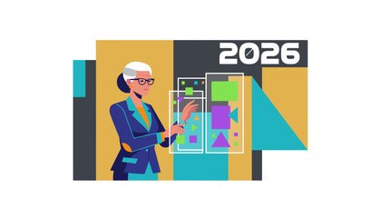 Senior businesswoman analyzing data projection for the year 2026 Futuristic vector illustration