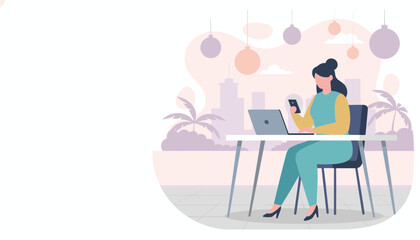 Digital nomad working on laptop and smartphone in a tropical setting