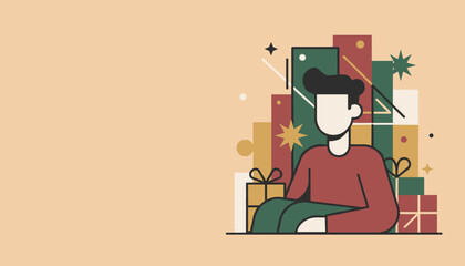 Stylized man surrounded by gifts Minimalist holiday illustration with copy space