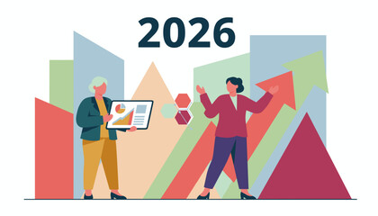 Businesswomen analyzing 2026 financial data with charts showing growth and success