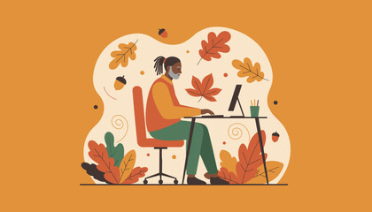 Professional Black man working on computer in autumnal home office environment Remote work graphic