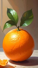 A bright orange fruit with green leaves sits on a surface with a soft, blurred background
