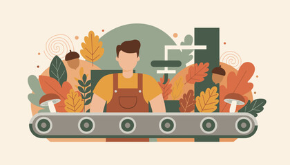 Seasonal production worker next to a conveyor belt with decorative fall foliage