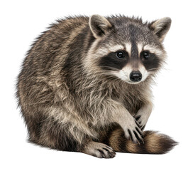 Fototapeta premium Alert raccoon sitting upright on a white background, looking attentively at the viewer with curious expression, bushy tail visible, wildlife