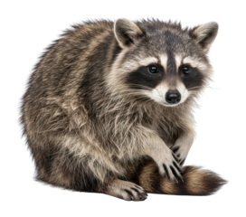 Alert raccoon sitting upright on a white background, looking attentively at the viewer with curious expression, bushy tail visible, wildlife