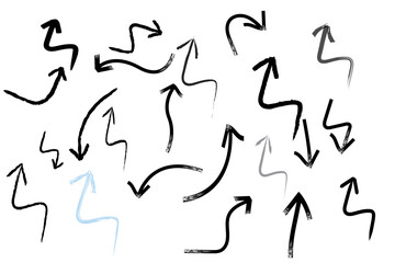 Hand drawn scribble arrows vector set with dynamic brush stroke texture on a clean white background, indicating various directions and movement.