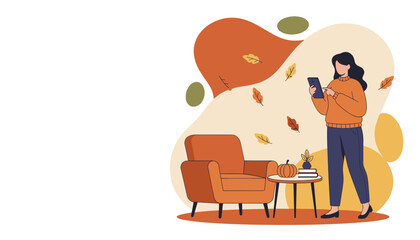 Autumn illustration of a woman using a smartphone in a cozy living room with fall decor