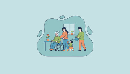 Intergenerational care Family supporting grandmother in wheelchair in flat vector art style