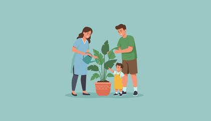 Parents and child caring for a potted plant Family life home and growth illustration
