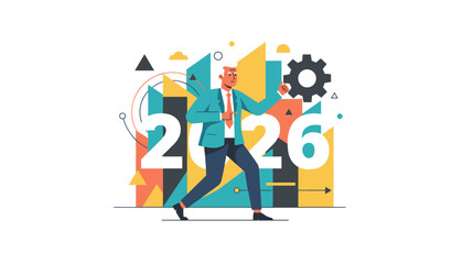 Actionoriented businessman planning for success and future growth against abstract 2026 background