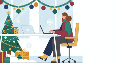 Remote work during the holidays Woman using a laptop near a festive Christmas tree and gifts