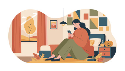 Woman uses smartphone in a cozy autumn room Fall colors jackolantern decor and relaxation
