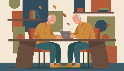Frustrated elderly men arguing over a tablet symbolizing digital difficulty or dispute