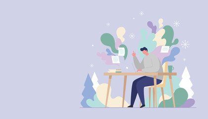 Creative man working remotely on laptop productivity and idea generation illustration
