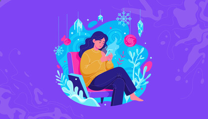 Woman sits cozy using smartphone amidst colorful winter abstract decor Technology and comfort