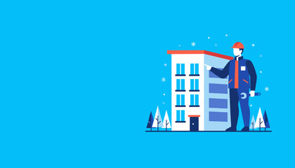 Technician with wrench pointing at residential building Property maintenance services illustration