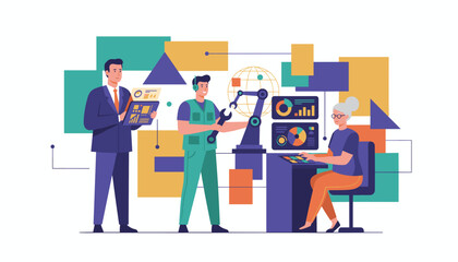 Team manages robotic automation and industrial data analysis in modern factory setting