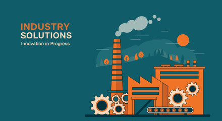 Flat design illustration of an industrial factory landscape with gears chimney smoke and text space